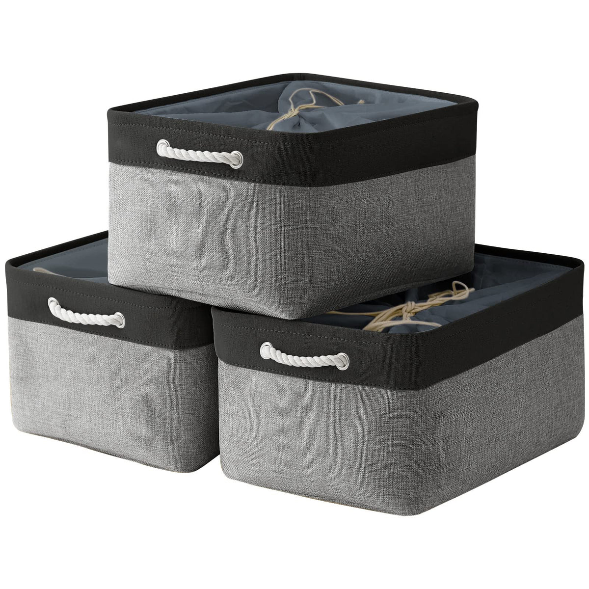 TheWarmHome Storage Basket for Organizing - 14x10x7 inch Medium 3 Pack Collapsible Storage Bin for Shelves with Handles, Canves Storage Box for Organizer Cubes Cloth Gift Toy Closet (White & Khaki)