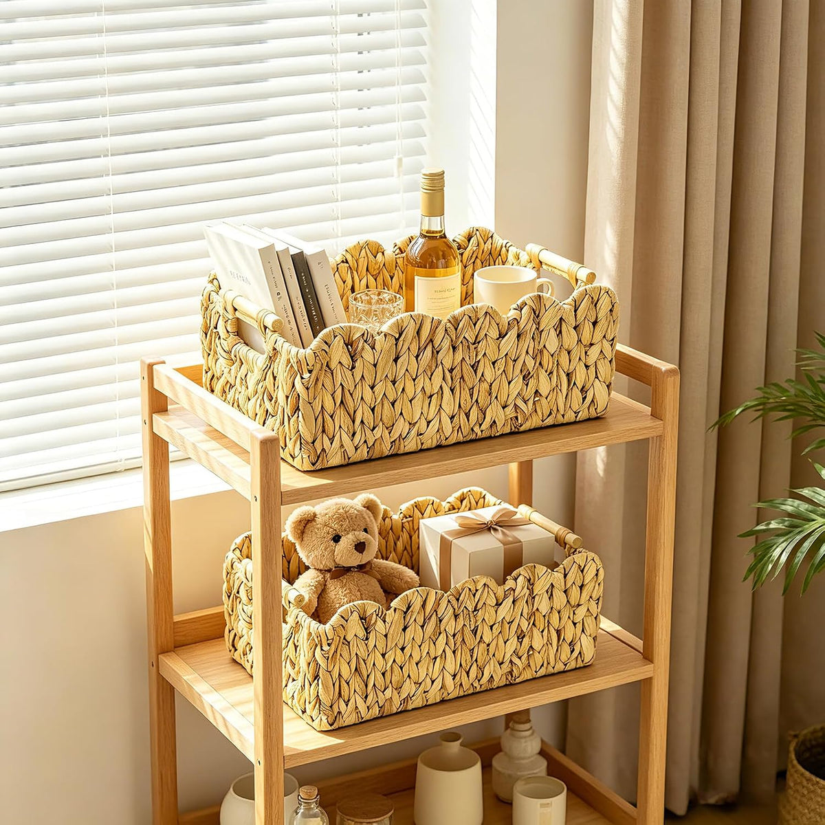 2Pack Scalloped Edge Wicker Basket,Hand-Woven Rattan Baskets with Wooden Handles,Natural Water Hyacinth Basket for Laundry,Shelves,Decorative Basket