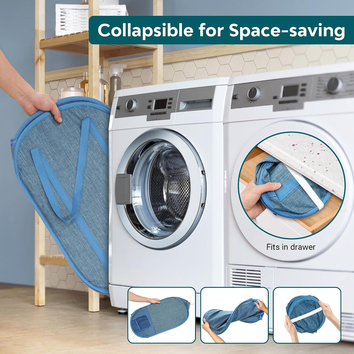100L Collapsible Laundry Baskets, Foldable Pop Up Hamper with Pocket, Blue