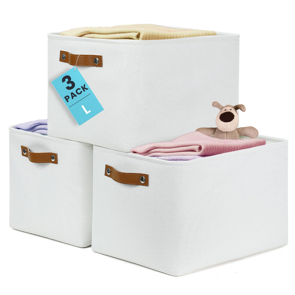 OrganiHaus 12x8in Canvas Storage Baskets, 3 Pack - Fabric Bins for Shelves