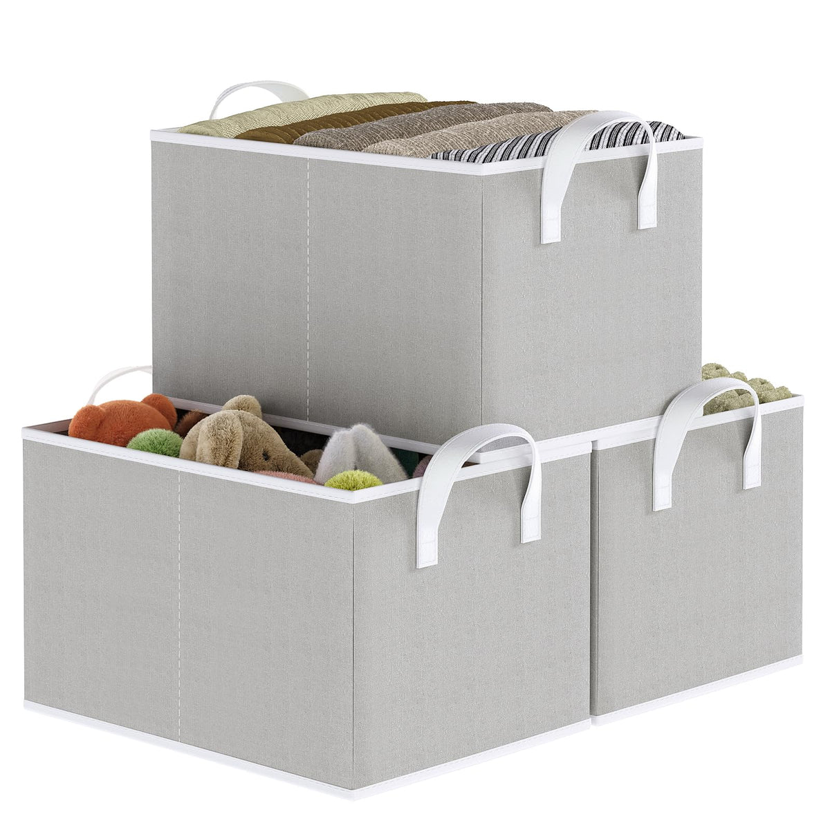 Closet Storage Bins, Fabric Closet Organizers and Storage Basket for Shelves, Collapsible Shelf Baskets for Organizing Shelves, Bedroom Clothes Basket, Beige, 3 Pack