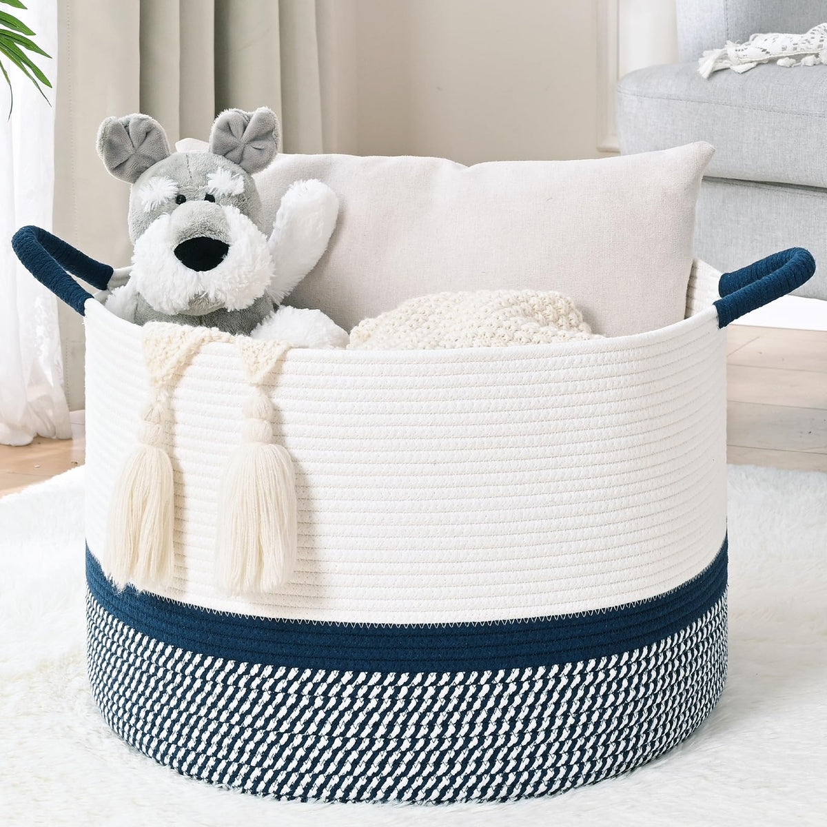 45L Blanket Basket, 17.5"x11.5" Woven Storage Baskets With Handle, Cotton Rope Blanket Basket Living Room, Baby Laundry Basket for Blanket, Nursery, Toy, Pillow (White & Brown)