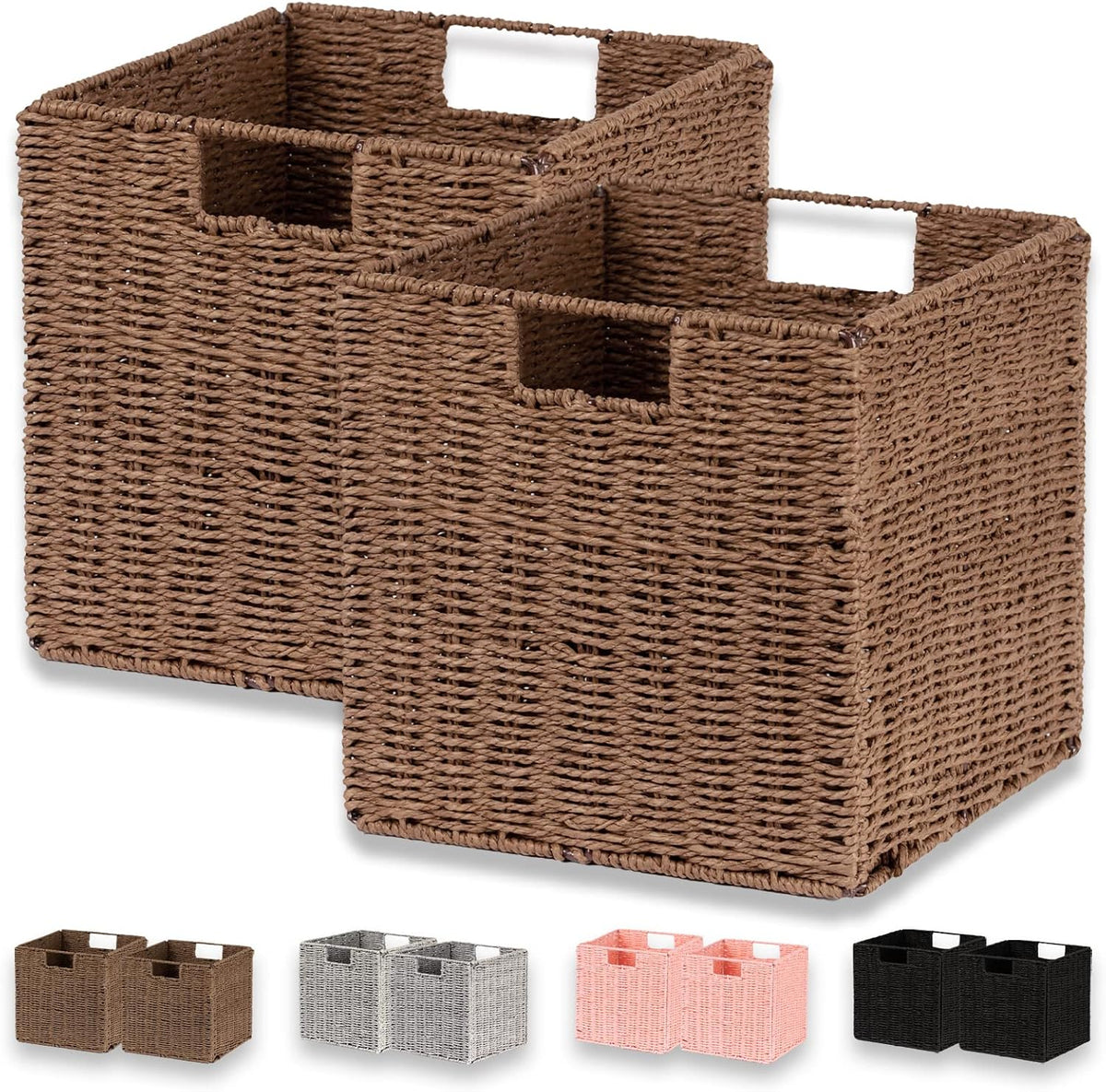Vagusicc Wicker Basket, Set of 2 Hand-Woven Paper Rope Storage Baskets for Organizing, Foldable Cubby Storage Bins, 11 Inch Large Wicker Storage Basket, Square Baskets Cube Storage Organizer, Brown