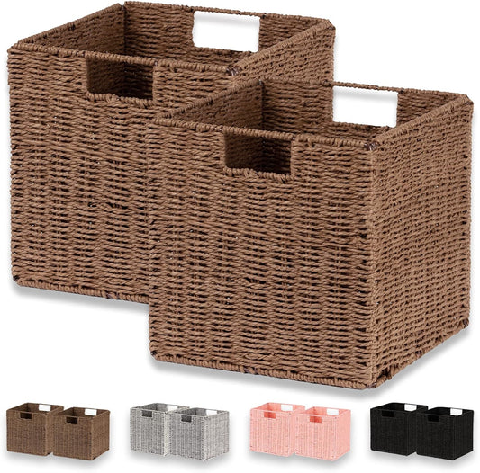 Vagusicc Wicker Basket, Set of 2 Hand-Woven Paper Rope Storage Baskets for Organizing, Foldable Cubby Storage Bins, 11 Inch Large Wicker Storage Basket, Square Baskets Cube Storage Organizer, Brown
