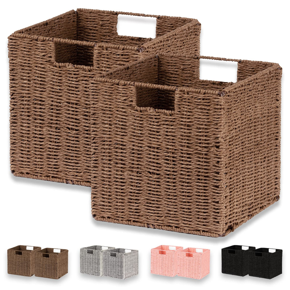 Vagusicc Wicker Basket, Set of 2 Hand-Woven Paper Rope Storage Baskets for Organizing, Foldable Cubby Storage Bins, 11 Inch Large Wicker Storage Basket, Square Baskets Cube Storage Organizer, Brown