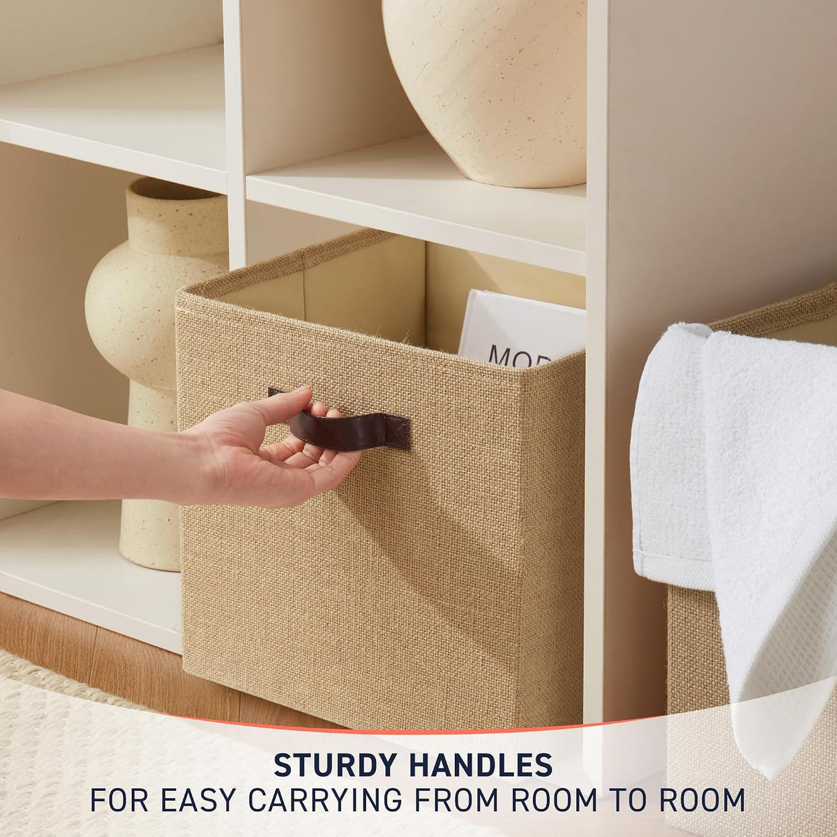 Ornavo Home 10.5x10.5 Jute Storage Cube Bins, 6 Pack, Leather Handles
