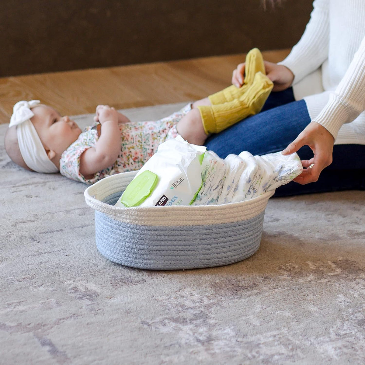 NaturalCozy 3-Piece Oval Storage Basket Set– Cotton Rope Woven Baskets for Storage, Gift Basket Empty, Toy Basket, Soft Baby Basket for Nursery, Cat Dog Toy Baskets, Small Basket (Off White & Blue)
