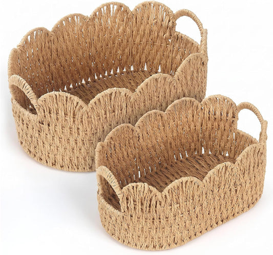 Endymion Set of 2 Paper Rope Scalloped Basket, Wicker Storage Baskets