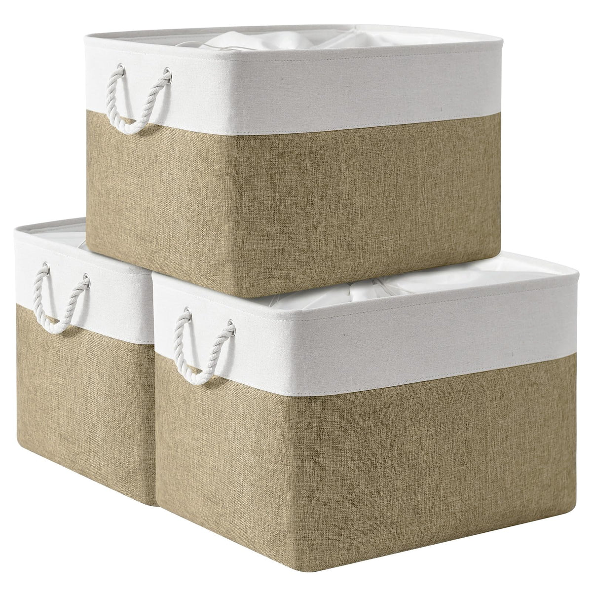 TheWarmHome Storage Basket for Organizing - 14x10x7 inch Medium 3 Pack Collapsible Storage Bin for Shelves with Handles, Canves Storage Box for Organizer Cubes Cloth Gift Toy Closet (White & Khaki)