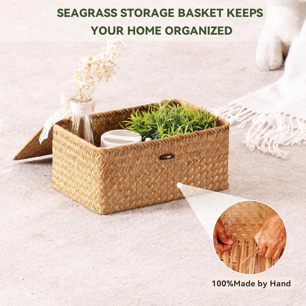 Nonam Wicker Storage Basket with Lid,Seagrass Shelf Basket Set of 3,Nautral