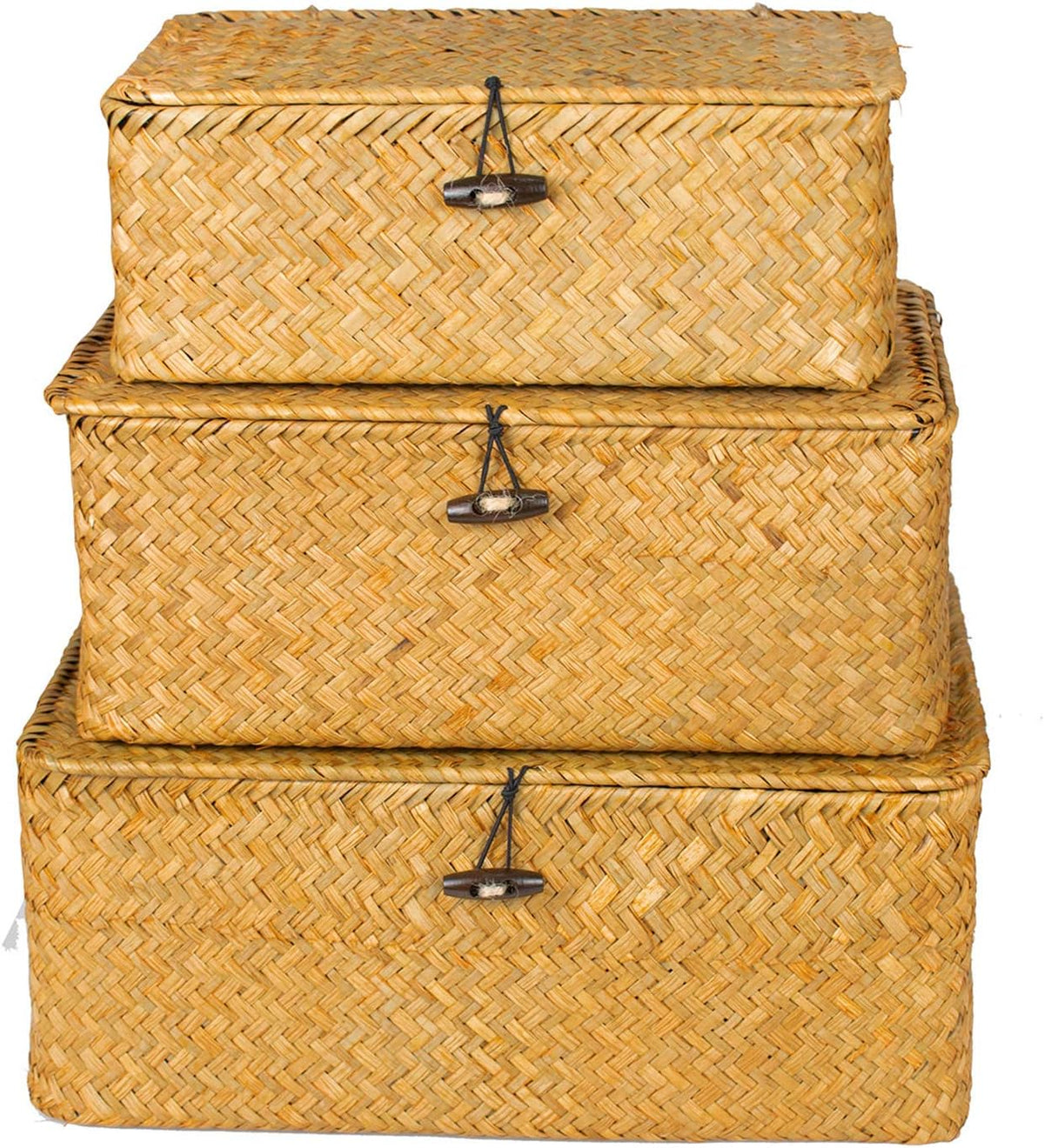 Yesland Small Shelf Baskets with Lid Set of 3, Compact Handwoven Seagrass Storage Bins Rectangular Wicker Basket for Shelf Organizer, Closet, Desktop