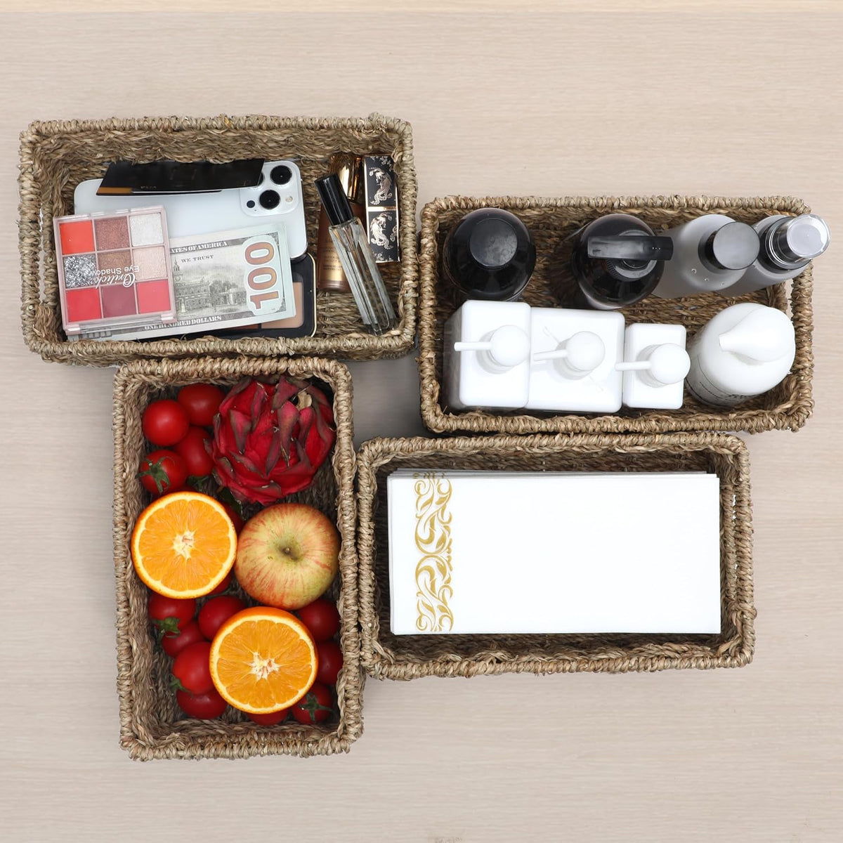 4 Small 3.6 QT Seagrass Wicker Baskets for Shelves, 10" Long Woven Pantry Organizers and Storage Basket, Decorative Ratten Shallow Rectangle Baskets for Organizing Countertop Kitchen