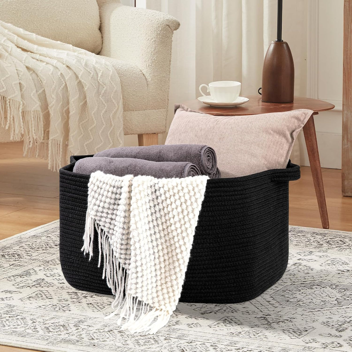 OIASKET Large Blanket Basket, Black Blanket Storage Living Room, Rectangle Woven Baskets for Storage Toys, Towels, Dirty Clothes Organizer Bins (Black)