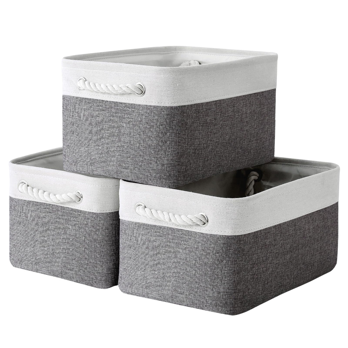 TheWarmHome Storage Basket for Organizing - 14x10x7 inch Medium 3 Pack Collapsible Storage Bin for Shelves with Handles, Canves Storage Box for Organizer Cubes Cloth Gift Toy Closet (White & Khaki)
