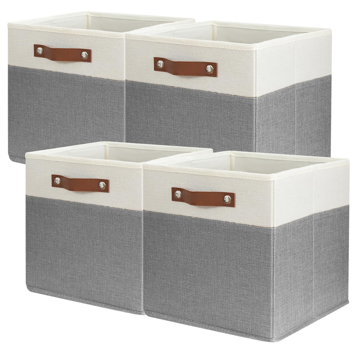 SNWDN 6 Pack Collapsible Fabric Storage Baskets with Handles (White/Beige 11x11x11 Inches)