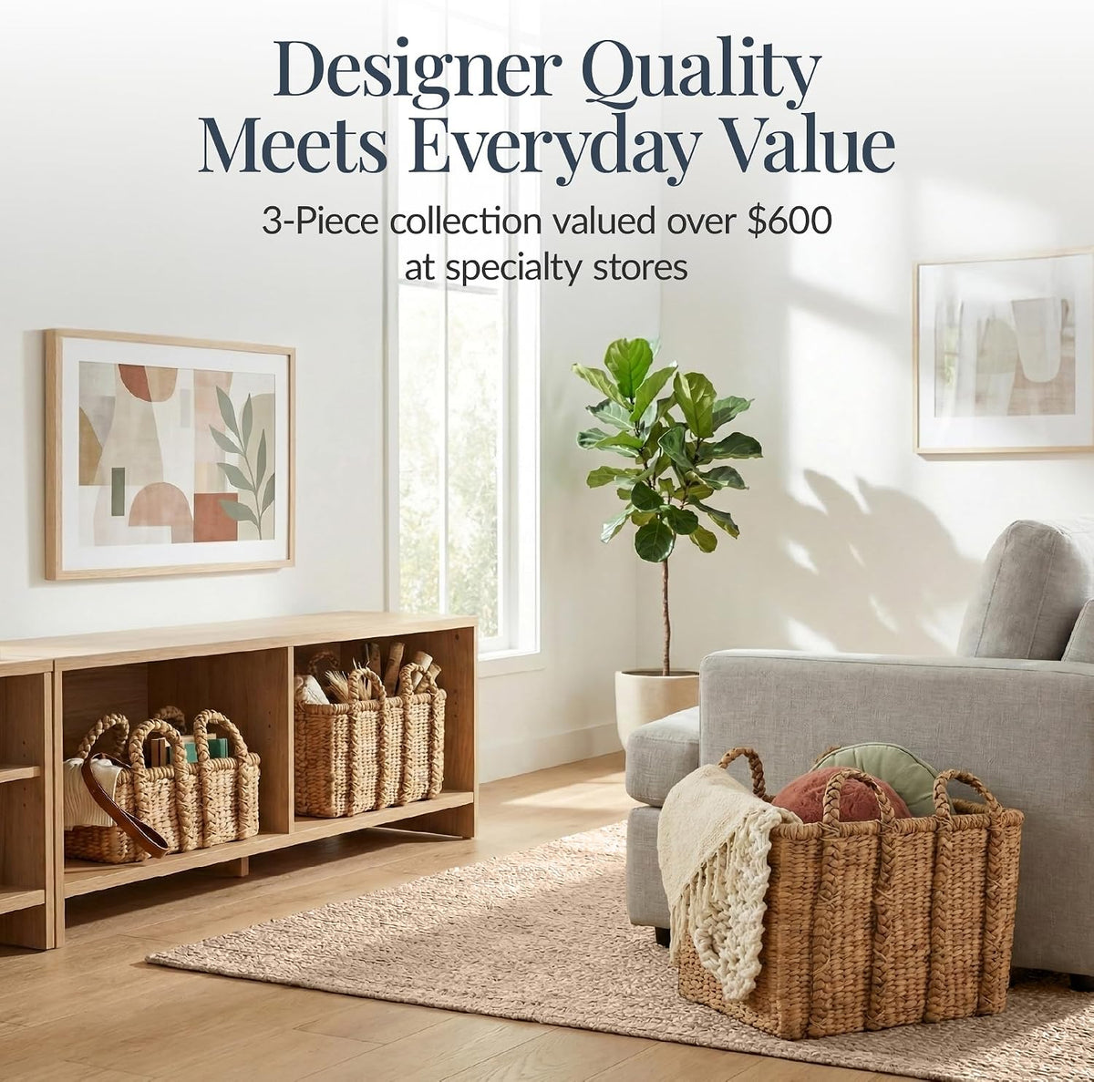 Best Choice Products 3Pc Shelf Baskets, Small, Large and XL Chunky Woven Wicker Rattan Storage Baskets w/Braided Handles, Organizer Bins for Blankets, Pillows, Shoes and Toys - Natural