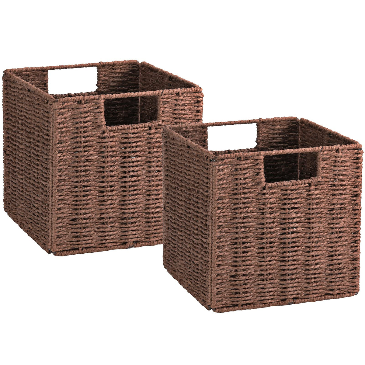 Vagusicc Wicker Basket, Set of 2 Hand-Woven Paper Rope Storage Baskets for Organizing, Foldable Cubby Storage Bins, 11 Inch Large Wicker Storage Basket, Square Baskets Cube Storage Organizer, Brown