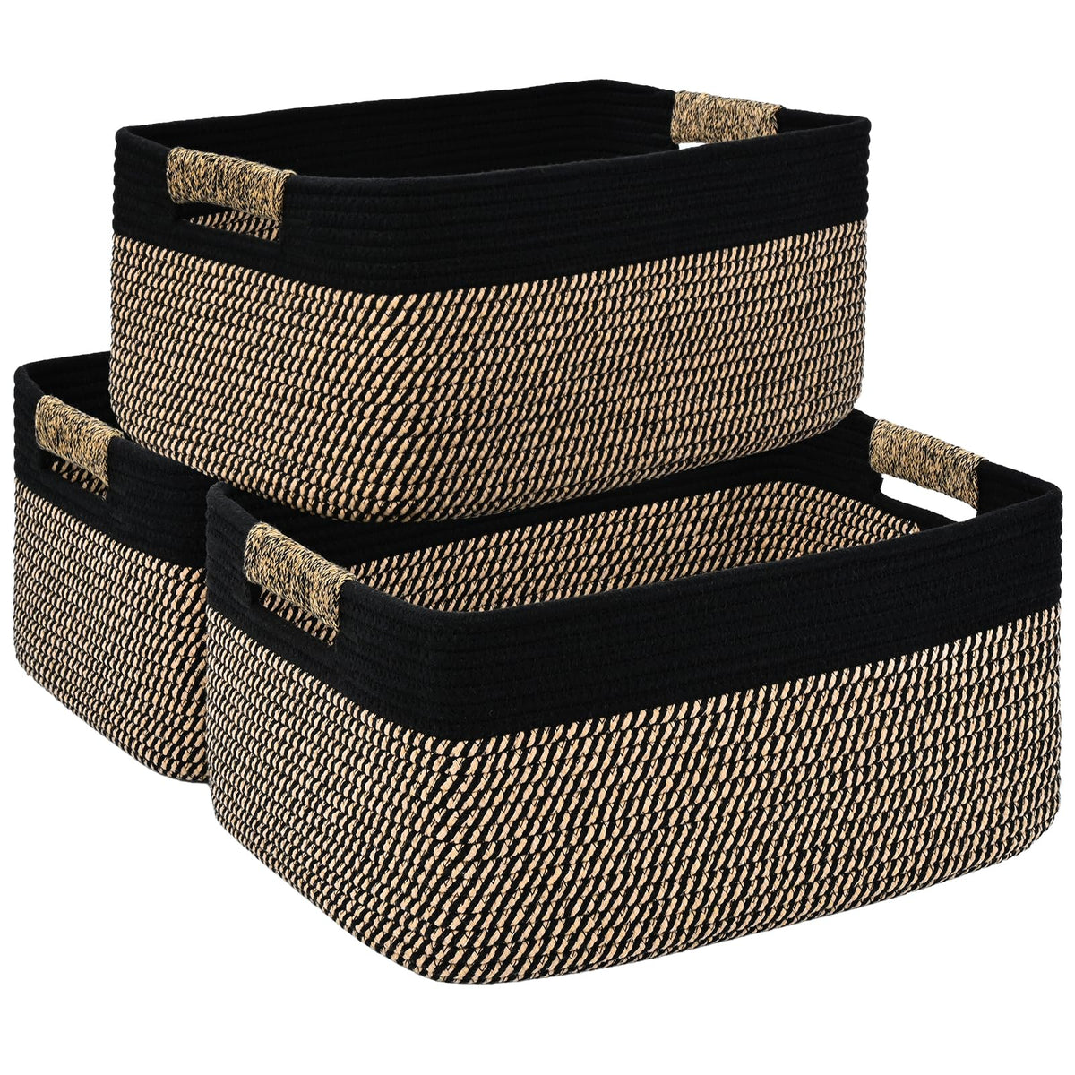 2 Pack Large Storage Basket for Organizing, 17.5"x13"x7" Woven Basket for Shelves, Closet Cube Storage Bins with Wrapped Handle, Cotton Rope Baskets for Kitchen, Clothes, Toys(Off White & Brown)