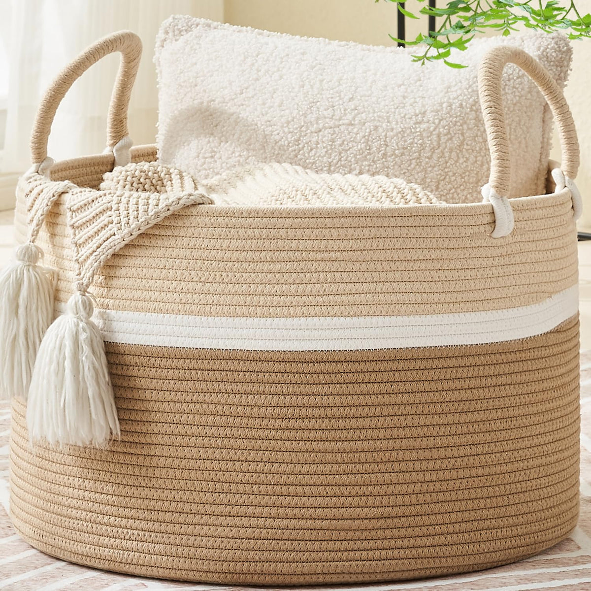 KAKAMAY Large Blanket Basket with Handles, Storage Basket for Living Room