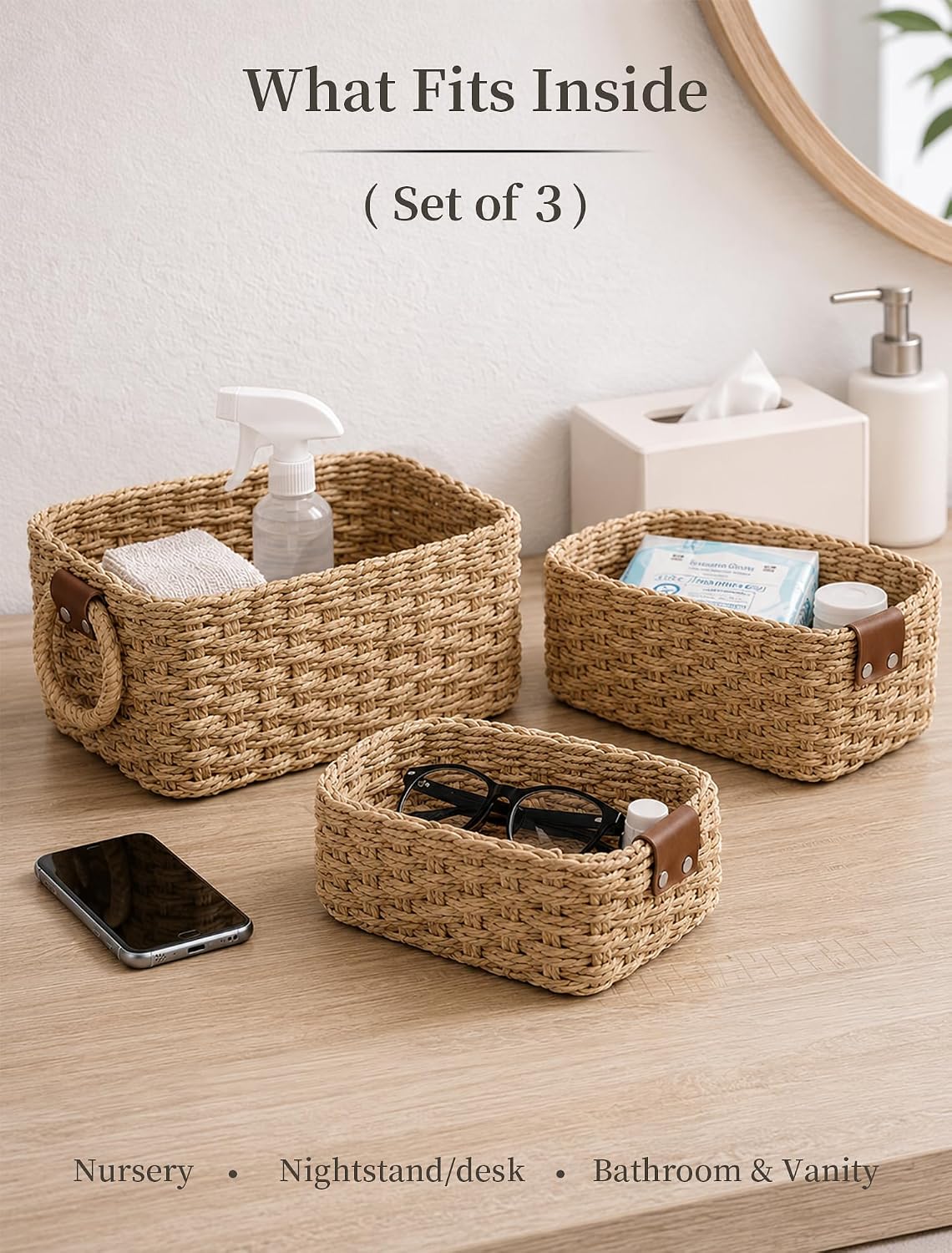 Small Wicker Baskets, 3 PCS Paper Rope Baskets for Shelves, Brown