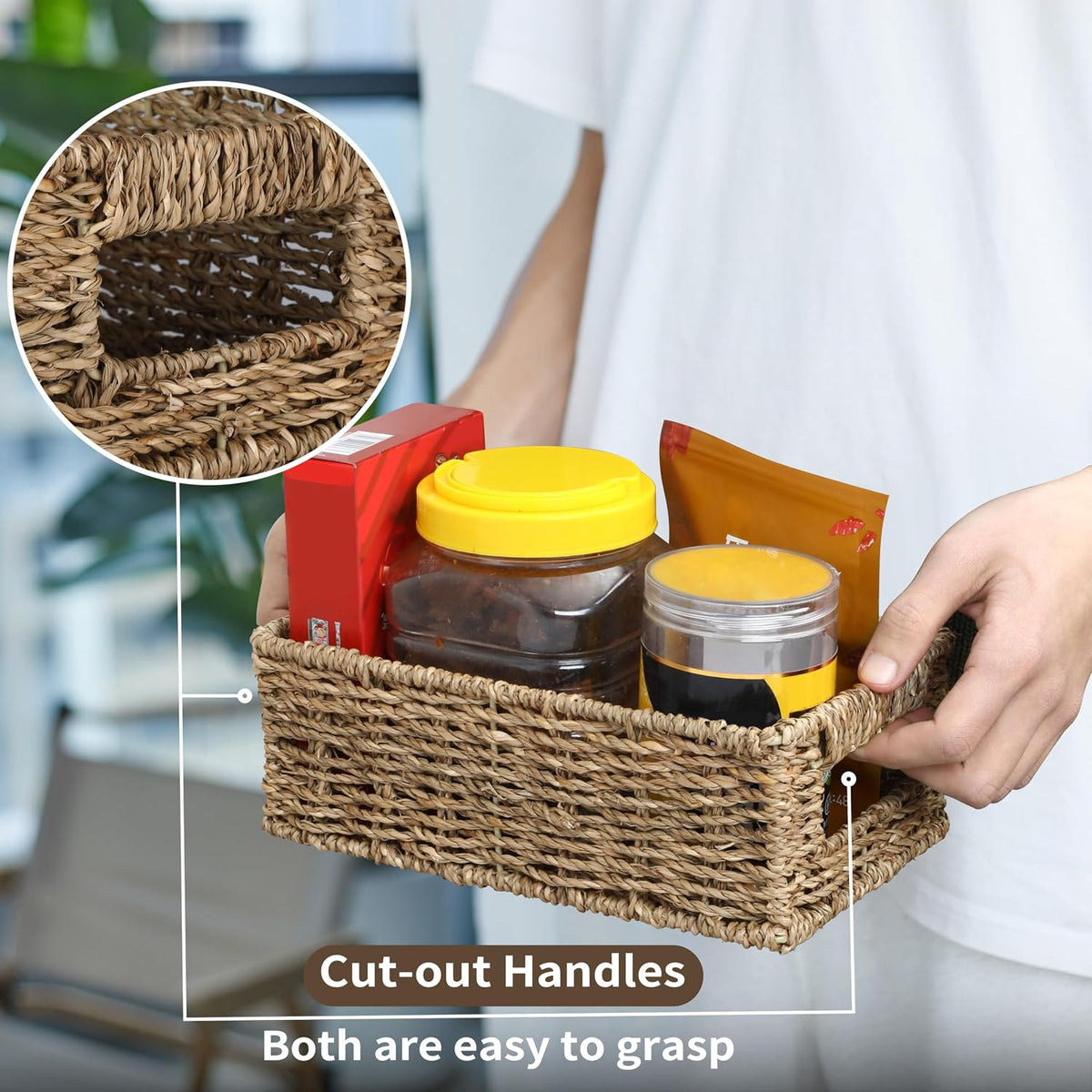 4 Small 3.6 QT Seagrass Wicker Baskets for Shelves, 10" Long Woven Pantry Organizers and Storage Basket, Decorative Ratten Shallow Rectangle Baskets for Organizing Countertop Kitchen