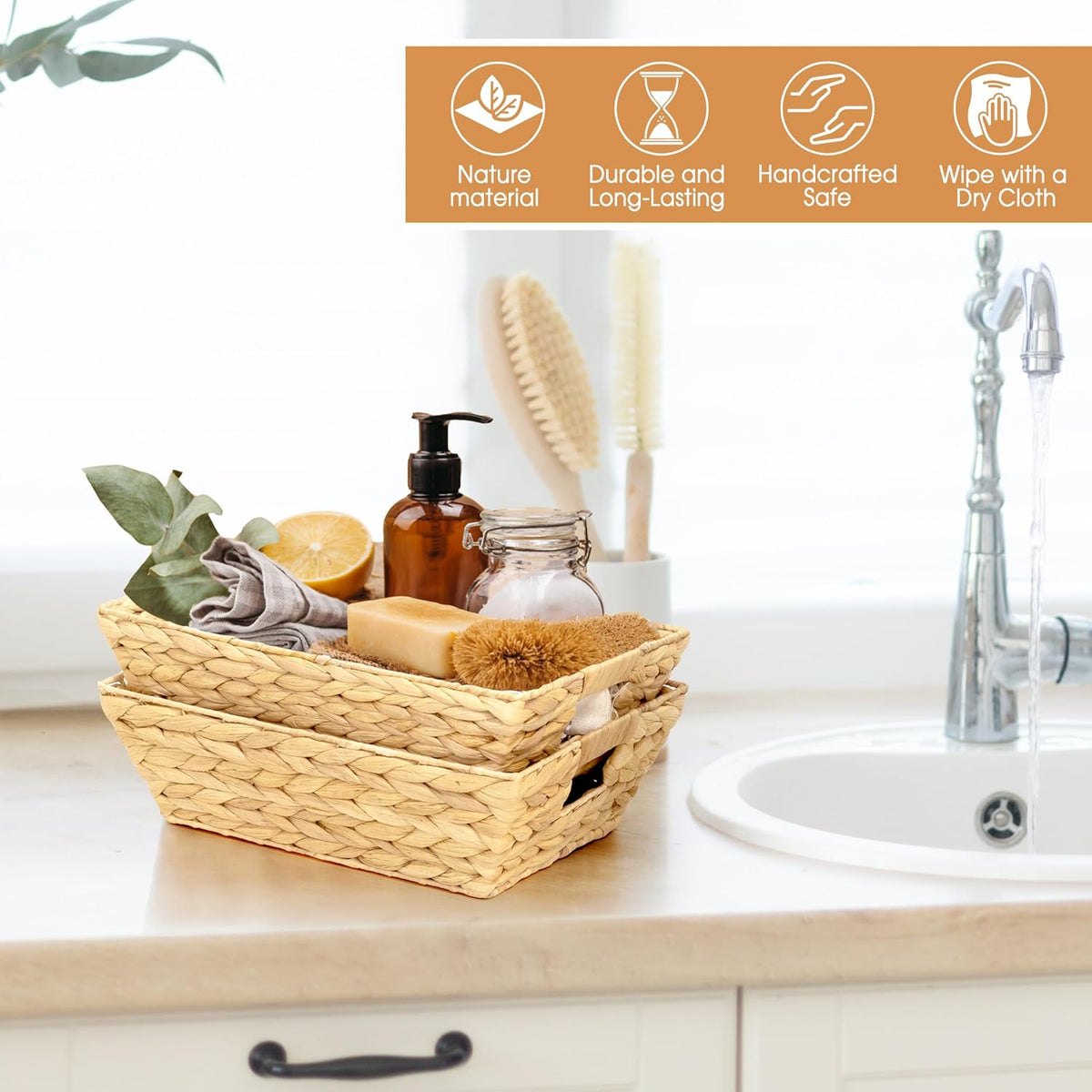 M4DECOR 6-Pack Water Hyacinth Trapezoid Wicker Storage Baskets, 14"