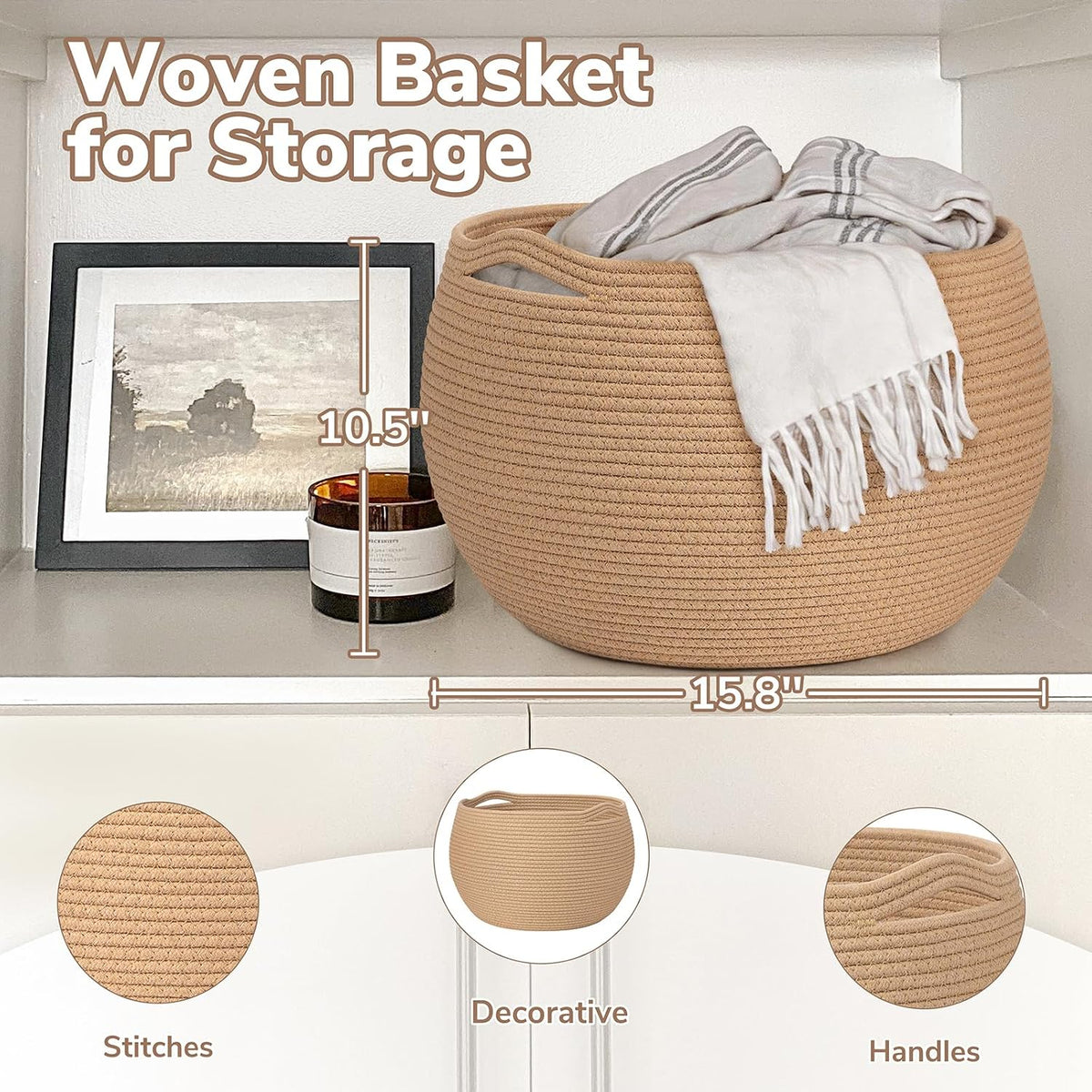 Goodpick Large Toy Storage Basket for Kids, Round, 15.7" x 10.5", Camel