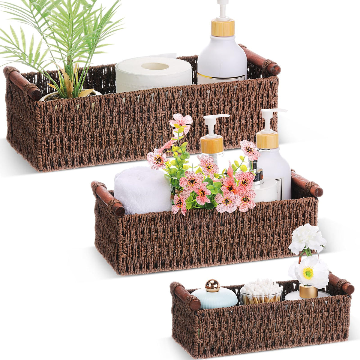 Boao 3 Pcs Boho Storage Wicker Baskets Handmade Woven Decorative Paper Rope Baskets for Organizing with Handle Countertop Toilet Paper Storage Container for Toilet Tank Top