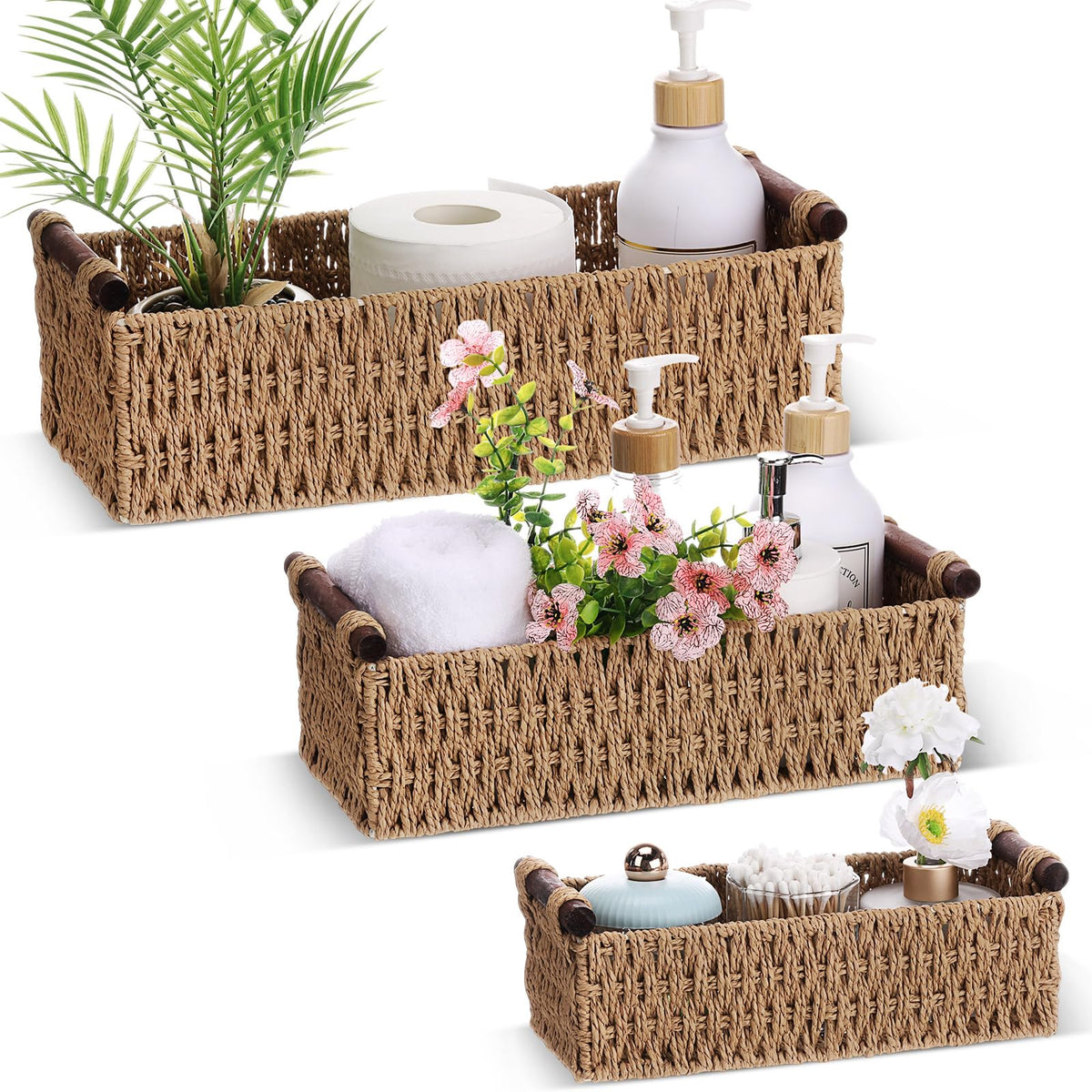 Boao 3 Pcs Boho Storage Wicker Baskets Handmade Woven Decorative Paper Rope Baskets for Organizing with Handle Countertop Toilet Paper Storage Container for Toilet Tank Top