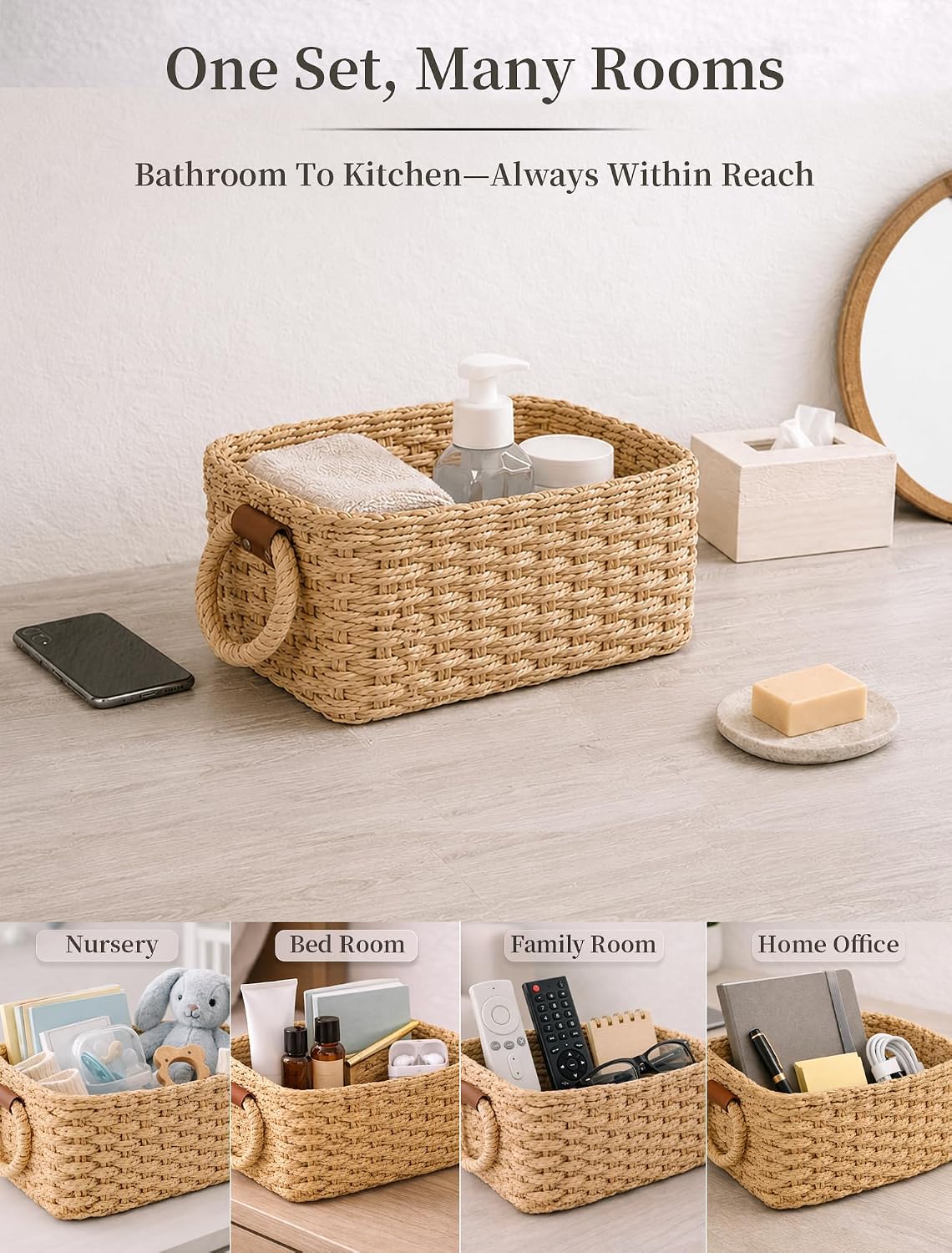 Small Wicker Baskets, 3 PCS Paper Rope Baskets for Shelves, Brown