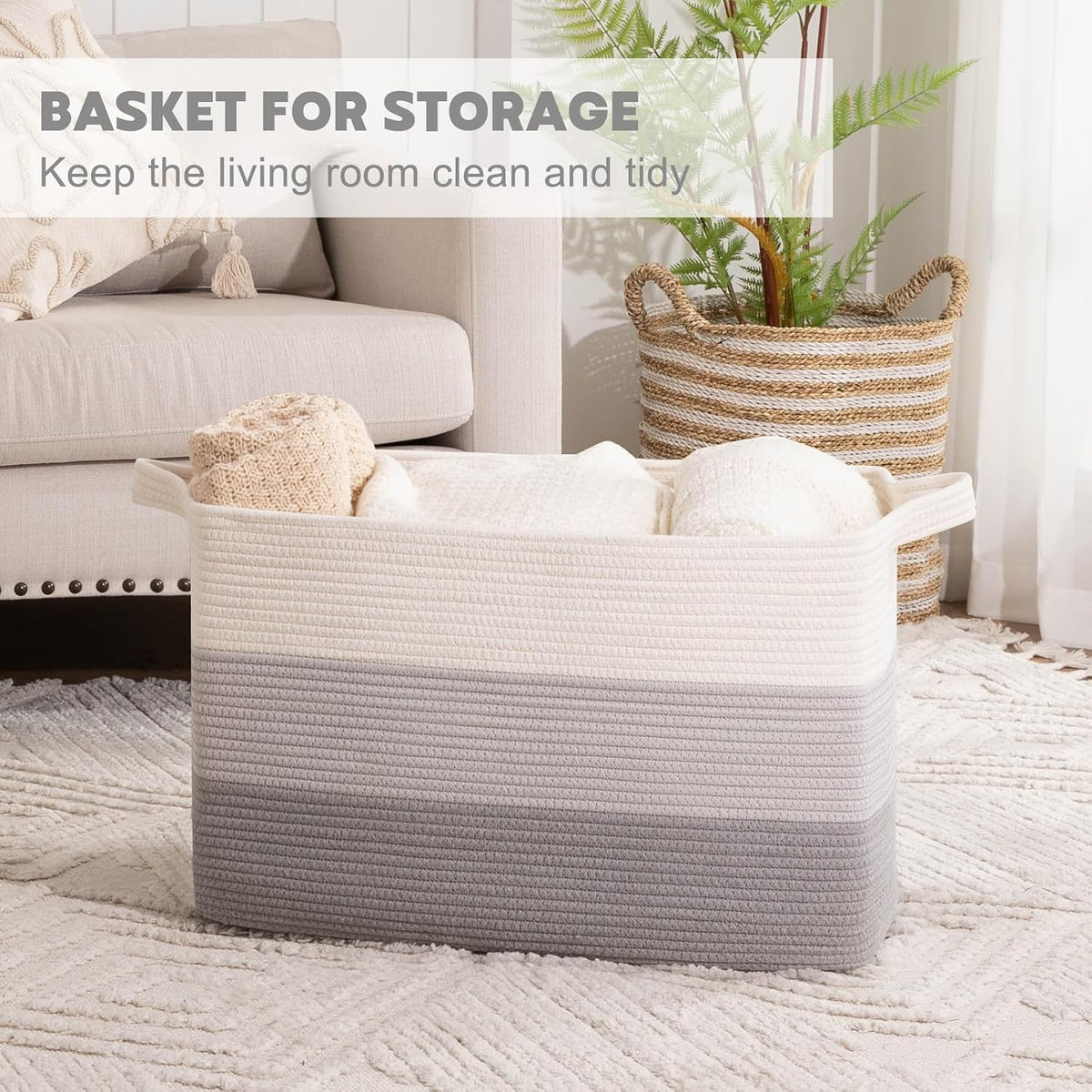 OIAHOMY Extra Large Blanket Basket, 110L Cotton Rope Woven Laundry Basket, Toy Bin for Baby Room, Container for Blanket Storage in Living Room, 24.8''×17.3''×15.8'', Gradient Grey