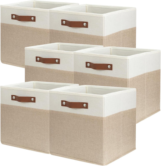 SNWDN 6 Pack Collapsible Fabric Storage Baskets with Handles (White/Beige 11x11x11 Inches)