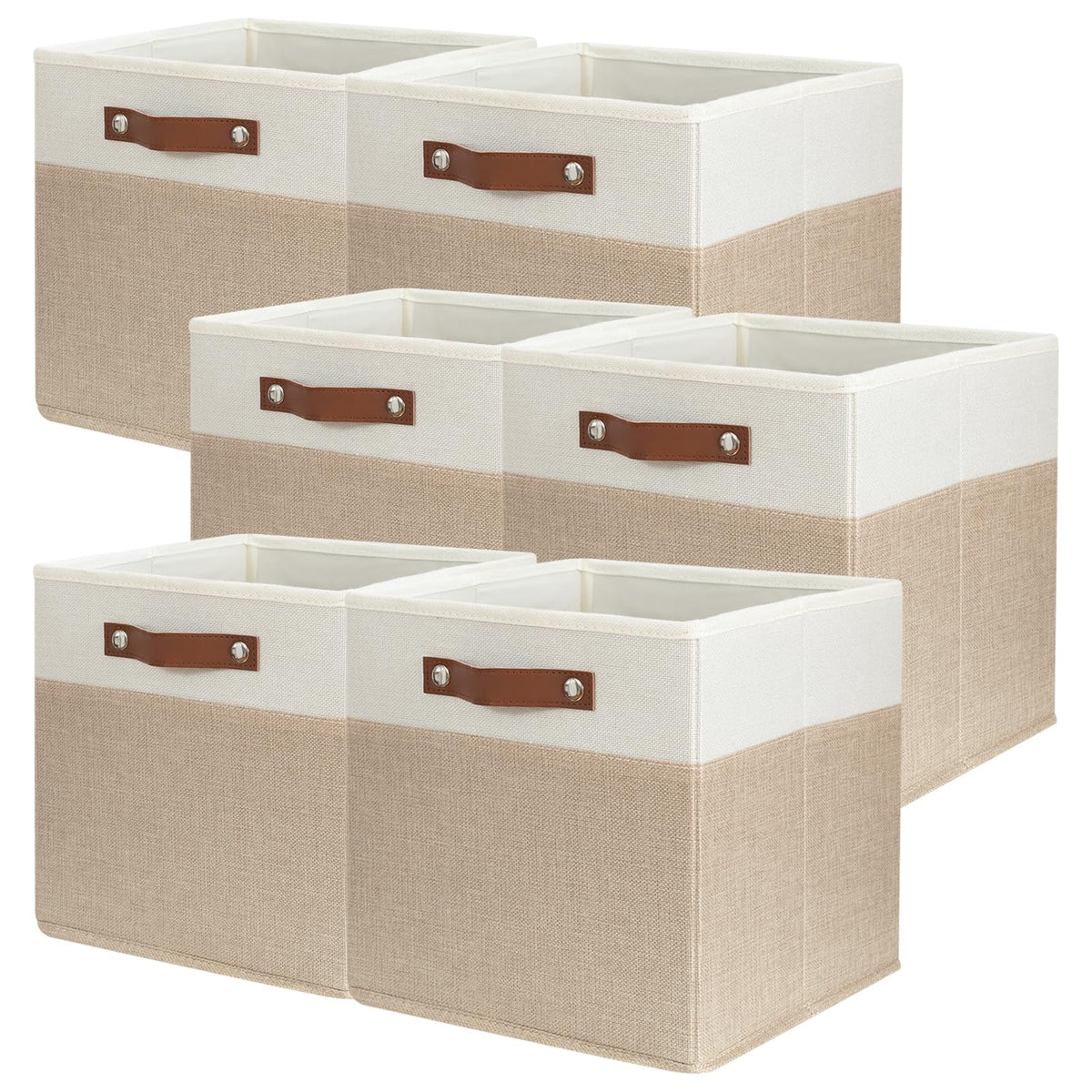 SNWDN 6 Pack Collapsible Fabric Storage Baskets with Handles (White/Beige 11x11x11 Inches)