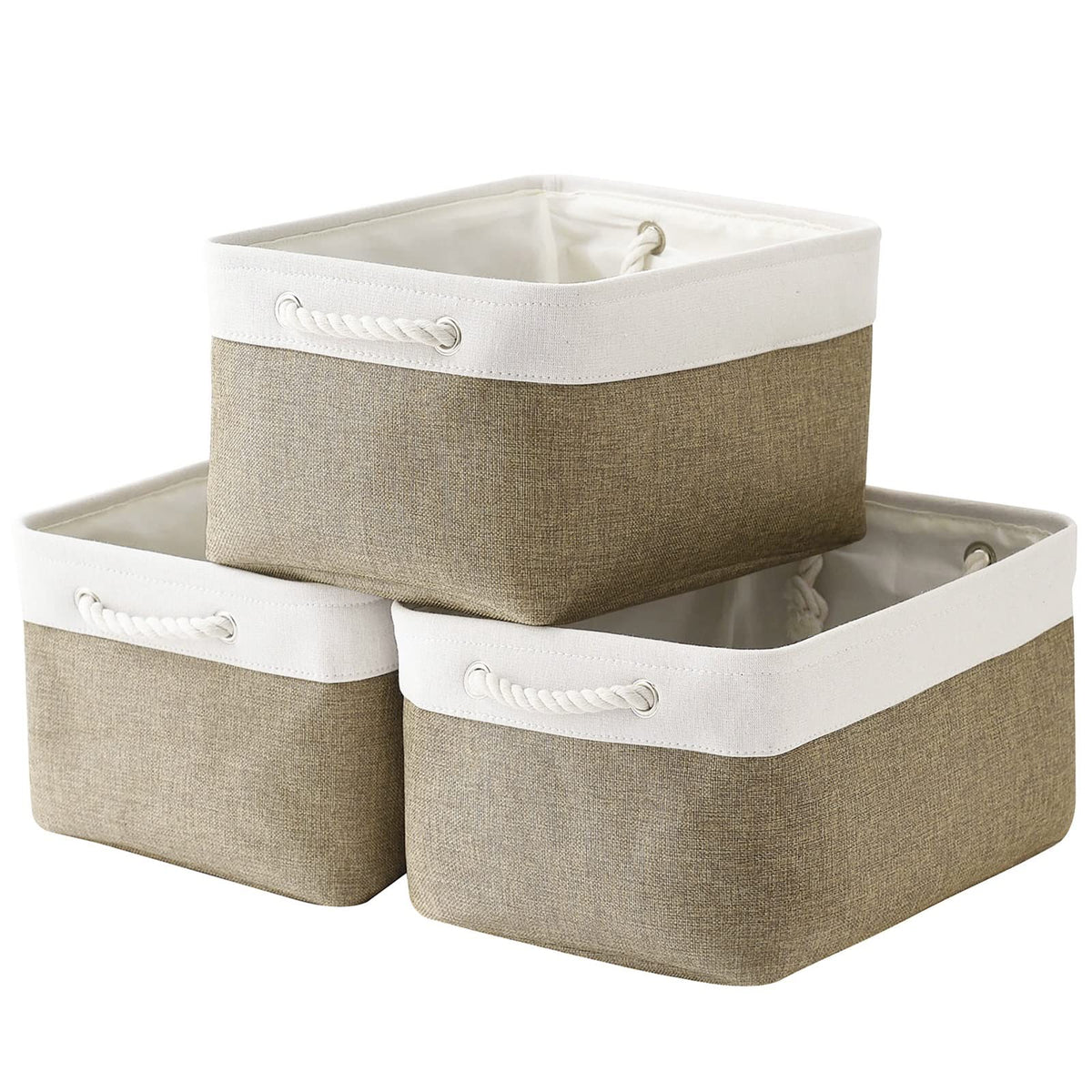 TheWarmHome Storage Basket for Organizing - 14x10x7 inch Medium 3 Pack Collapsible Storage Bin for Shelves with Handles, Canves Storage Box for Organizer Cubes Cloth Gift Toy Closet (White & Khaki)