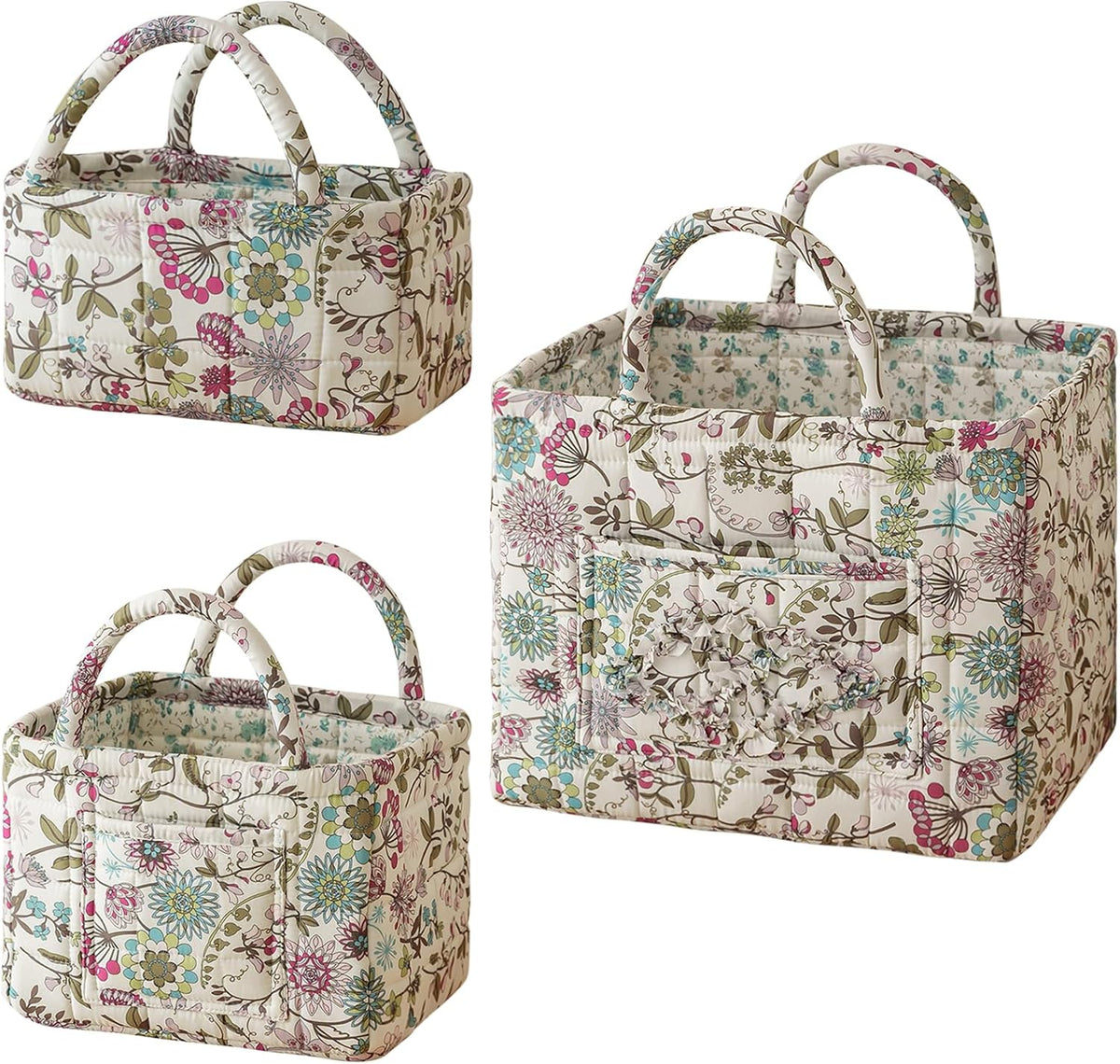 vctops 3 Packs Boho Quilted Storage Basket for Organizing, Floral Basket Organizer Gift Baskets with Handles, Storage Bins for Toys, Books, Towels, and Clothes, Collapsible Fabric(Pattern C)