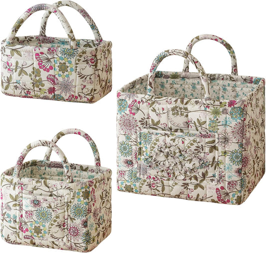 vctops 3 Packs Boho Quilted Storage Basket for Organizing, Floral Basket Organizer Gift Baskets with Handles, Storage Bins for Toys, Books, Towels, and Clothes, Collapsible Fabric(Pattern C)