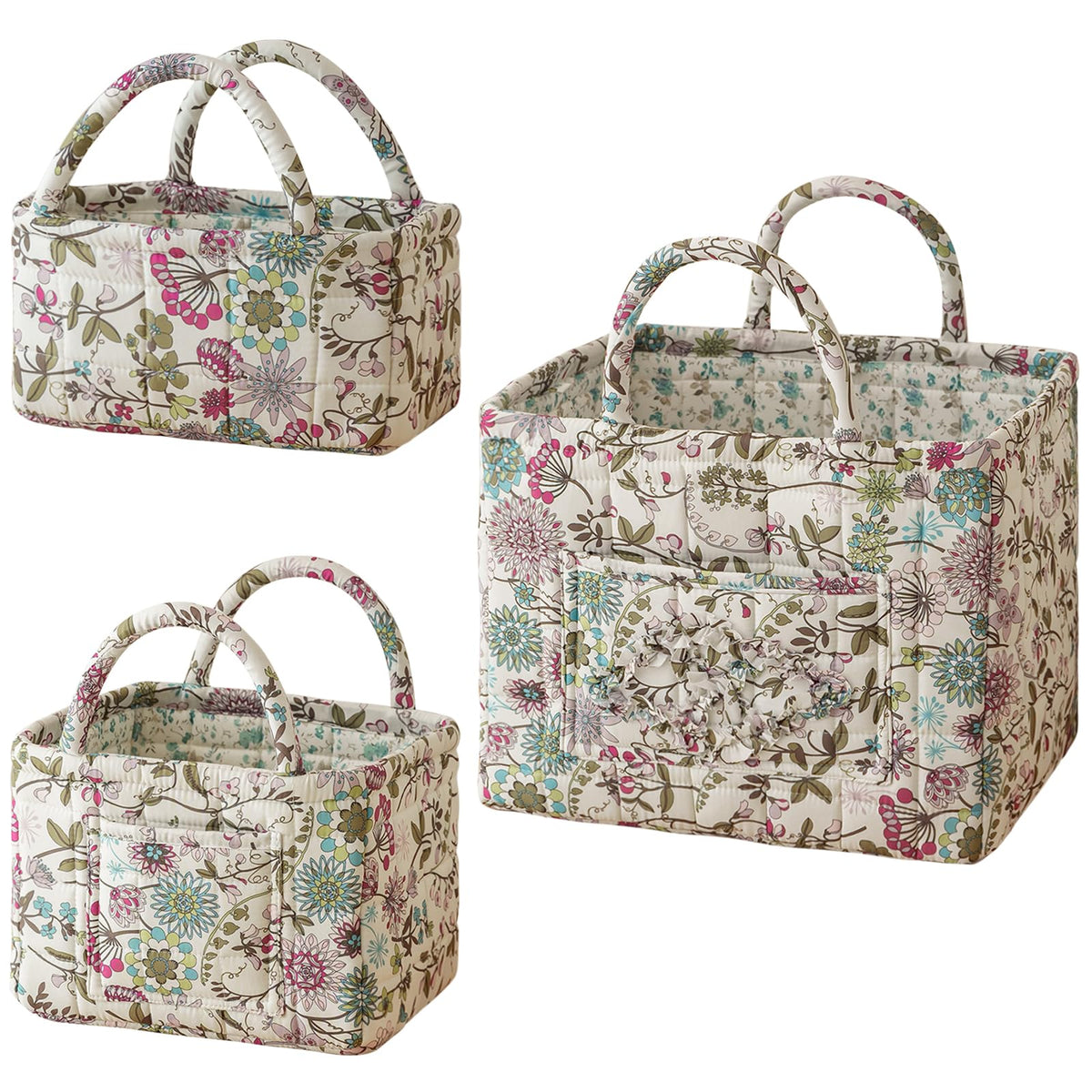 vctops 3 Packs Boho Quilted Storage Basket for Organizing, Floral Basket Organizer Gift Baskets with Handles, Storage Bins for Toys, Books, Towels, and Clothes, Collapsible Fabric(Pattern C)