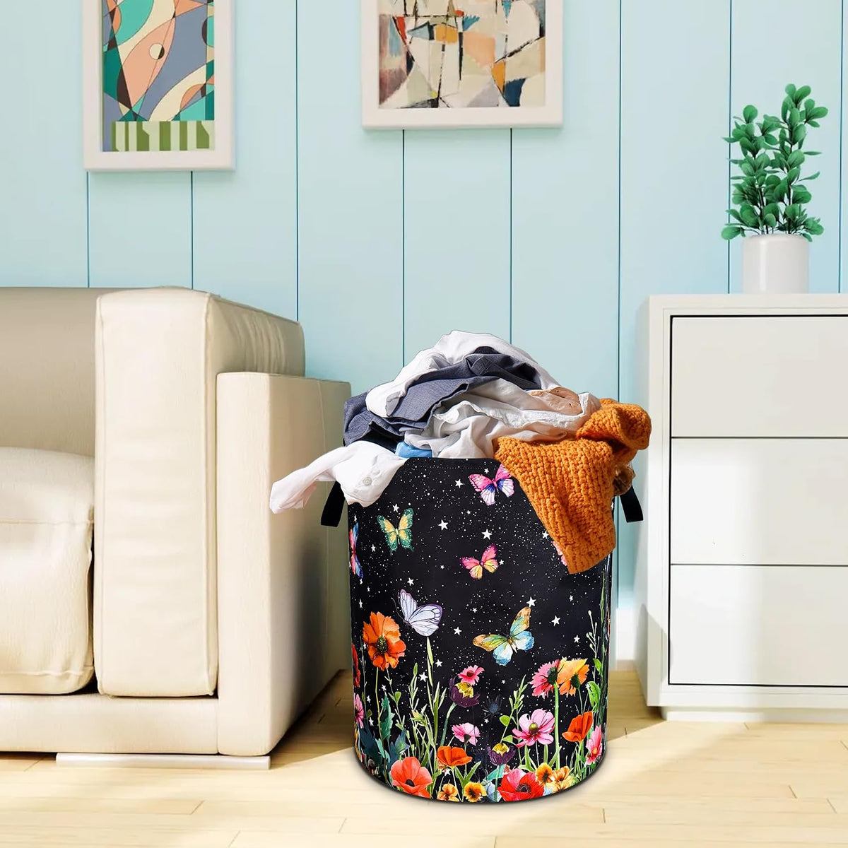 Colorful Butterflies Flowers Laundry Basket Oxford Cloth 18.9 x 16.5 Inch