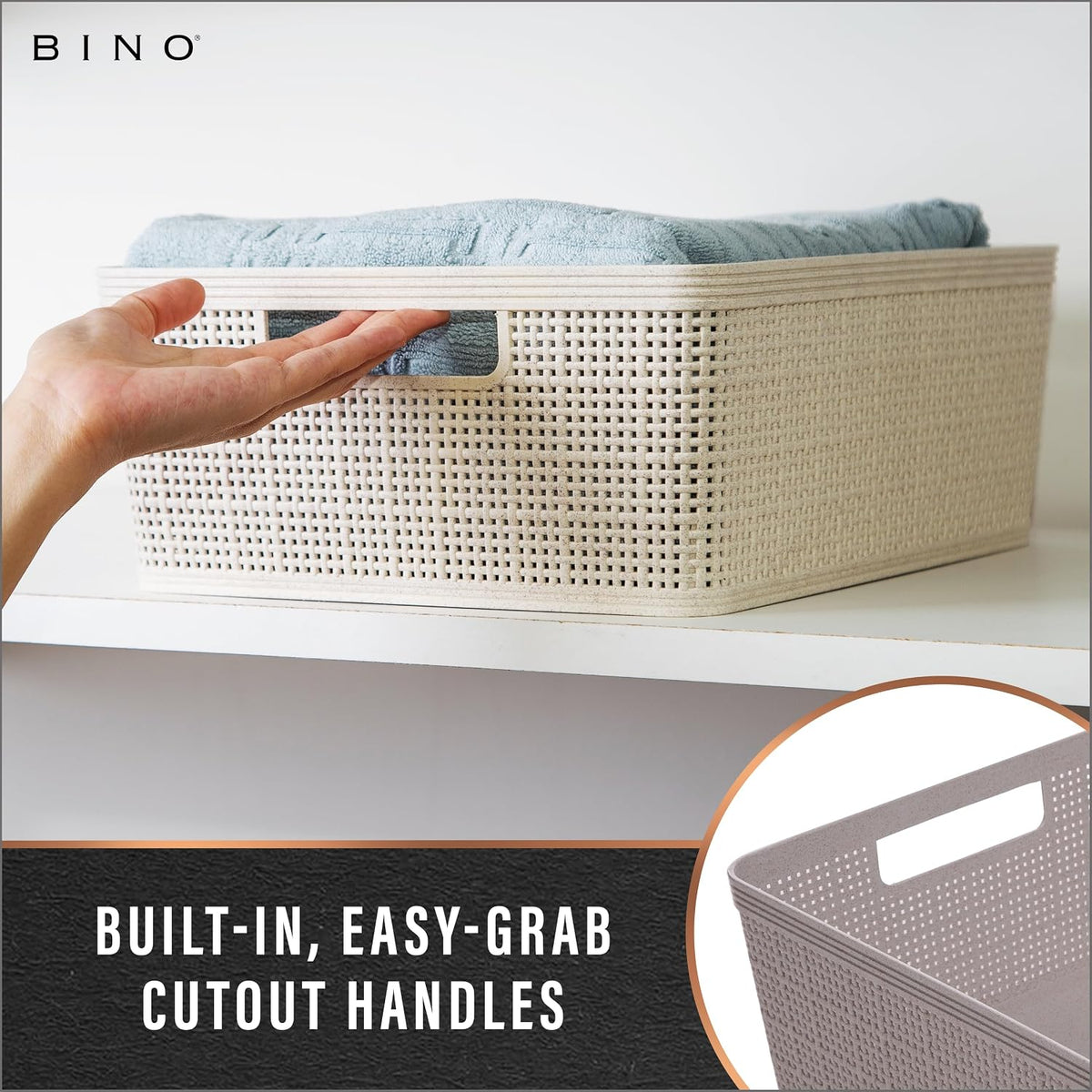 BINO | Woven Plastic Basket | Small (Natural Grey), 5-Pack | THE JUTE COLLECTION | Home Organization, Space - Saving Storage, Stylish Design | Jute Basket | Plastic Storage Basket