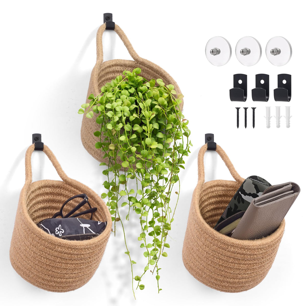 Fabric Wall Hanging Baskets, 3 Pack Woven Boho Pouches (White & White)
