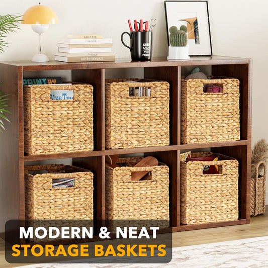SpaceAid 6 Pack Wicker Basket, Storage Baskets for Organizing, Woven Rattan Basket with Handles for Shelves, Water Hyacinth Large Cube Organizer Storage Bin, 10.5x10.5x10.5 inch, Natural