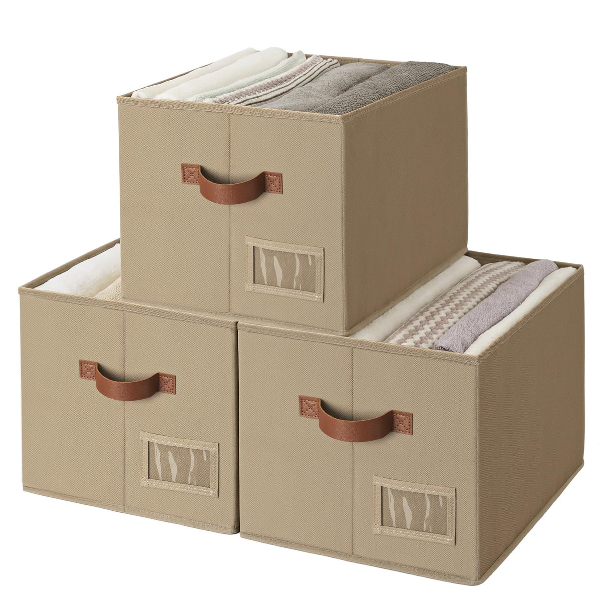 GRANNY SAYS Closet Shelf Baskets with Label, Khaki&Ivory, Large, 3-Pack