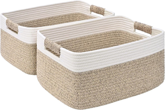 2 Pack Large Storage Basket for Organizing, 17.5"x13"x7" Woven Basket for Shelves, Closet Cube Storage Bins with Wrapped Handle, Cotton Rope Baskets for Kitchen, Clothes, Toys(Off White & Brown)