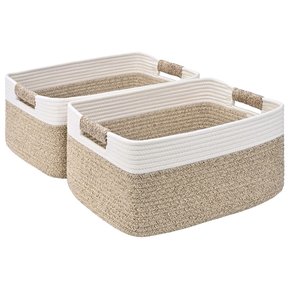 2 Pack Large Storage Basket for Organizing, 17.5"x13"x7" Woven Basket for Shelves, Closet Cube Storage Bins with Wrapped Handle, Cotton Rope Baskets for Kitchen, Clothes, Toys(Off White & Brown)