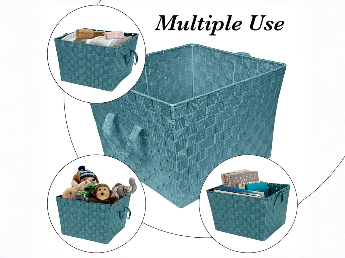 Large Blue Woven Fabric Storage Basket 13x15x10 In with Handles