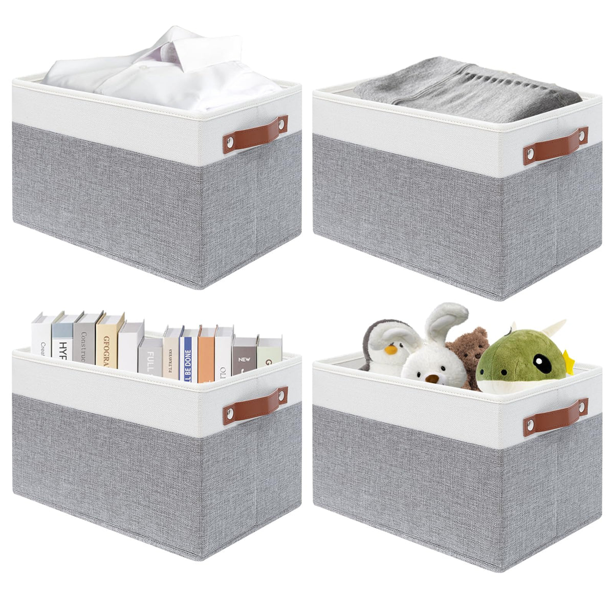 SNWDN 6 Pack Collapsible Fabric Storage Baskets with Handles (White/Beige 11x11x11 Inches)