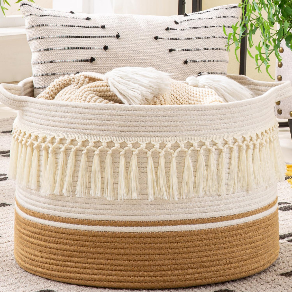 KAKAMAY Large Blanket Basket with Handles, Storage Basket for Living Room