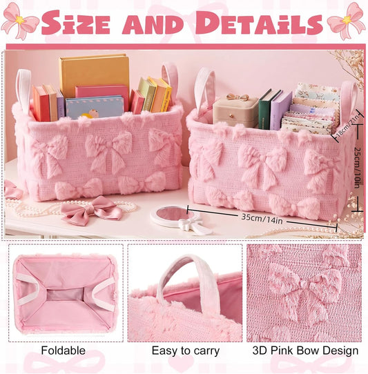 2 Pcs Pink Bow Storage Basket 14x10'' Back to School Gift Baskets