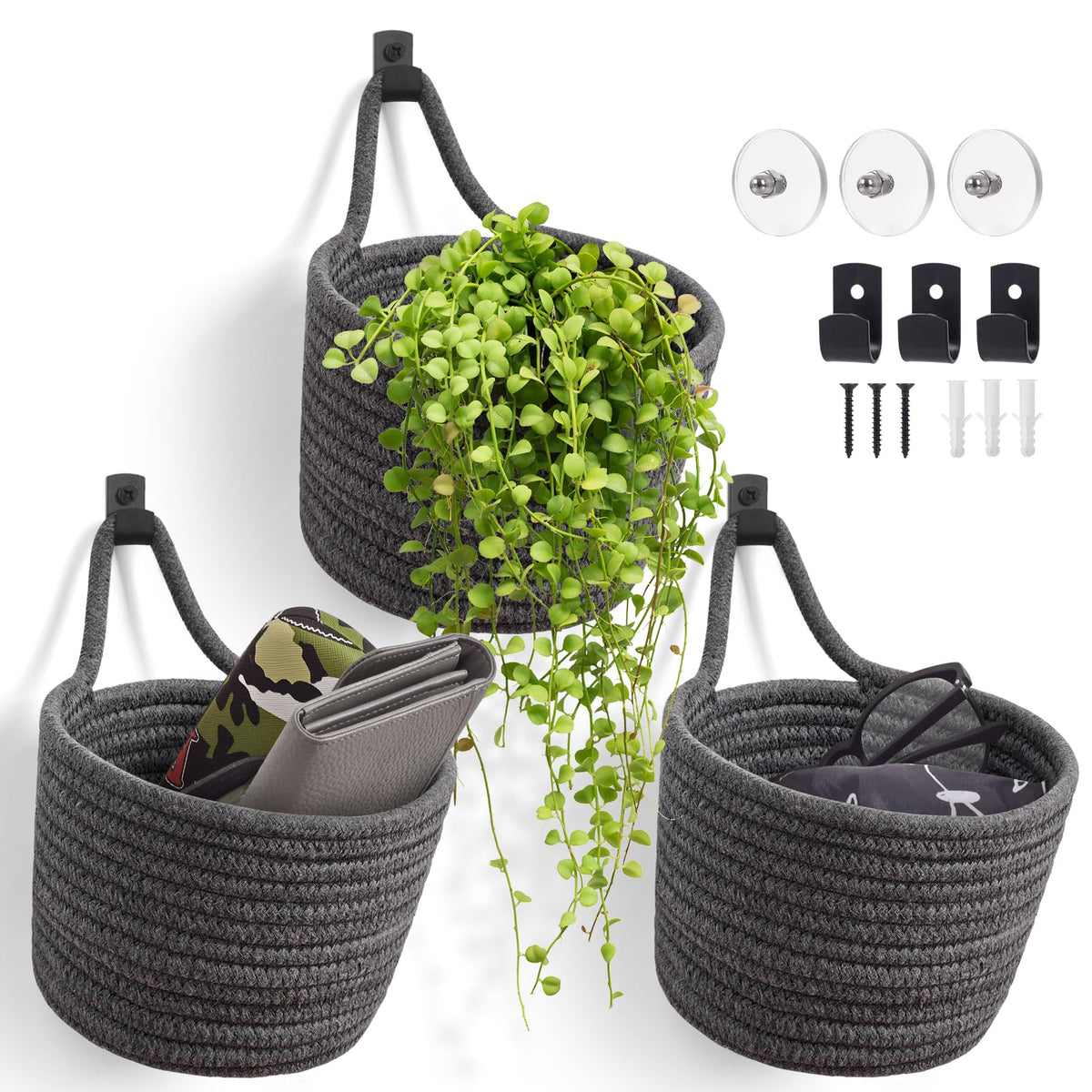 Fabric Wall Hanging Baskets, 3 Pack Woven Boho Pouches (White & White)