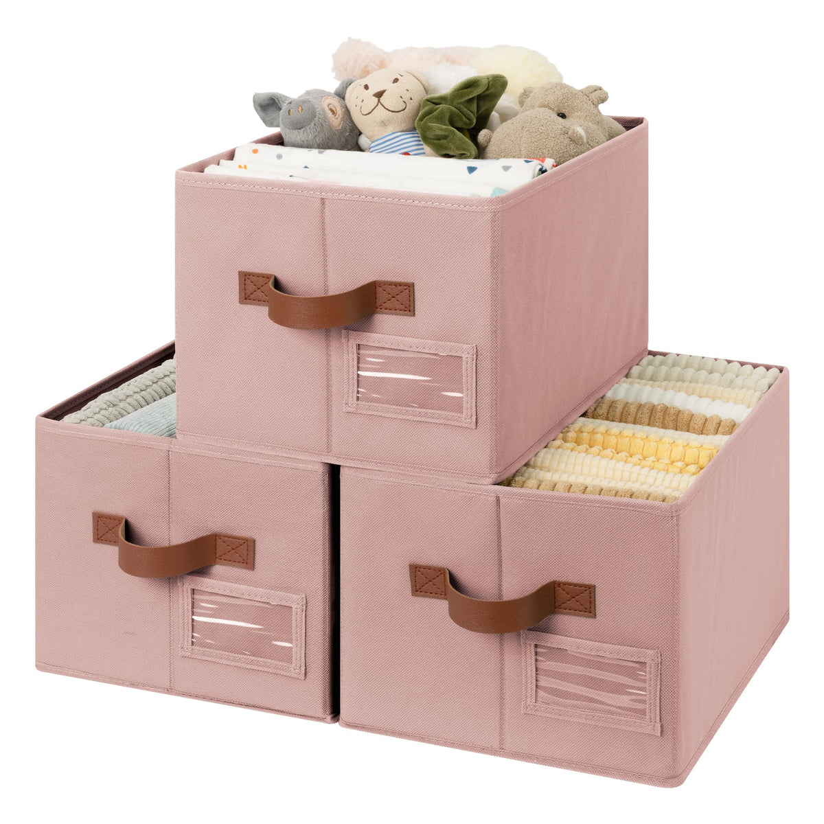 GRANNY SAYS Closet Shelf Baskets with Label, Khaki&Ivory, Large, 3-Pack